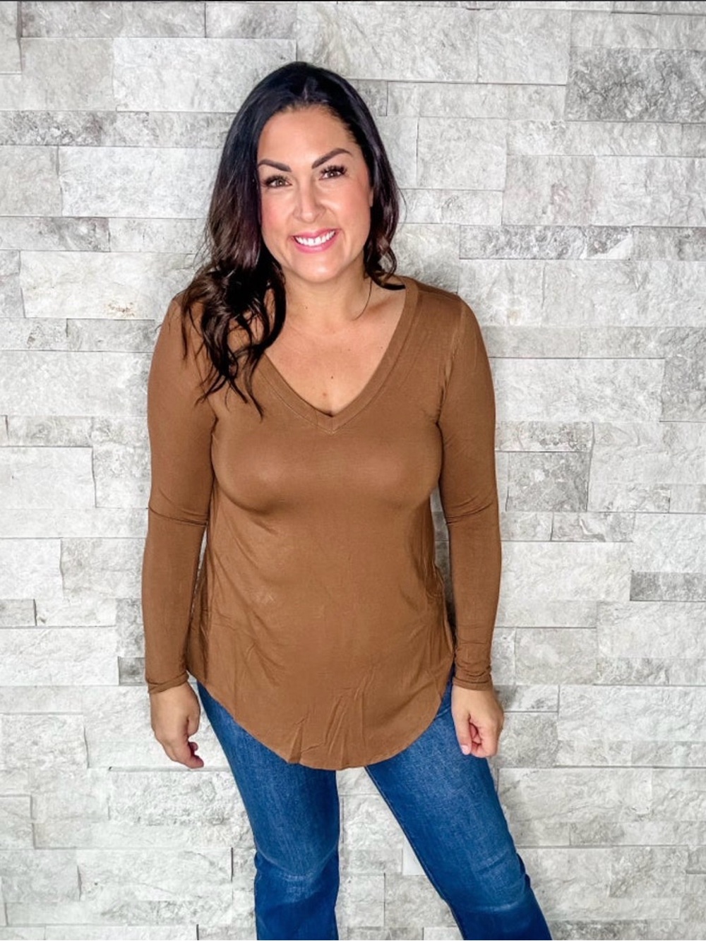 Zenana Outfitters Camel Brown V-Neck Long Sleeve Top